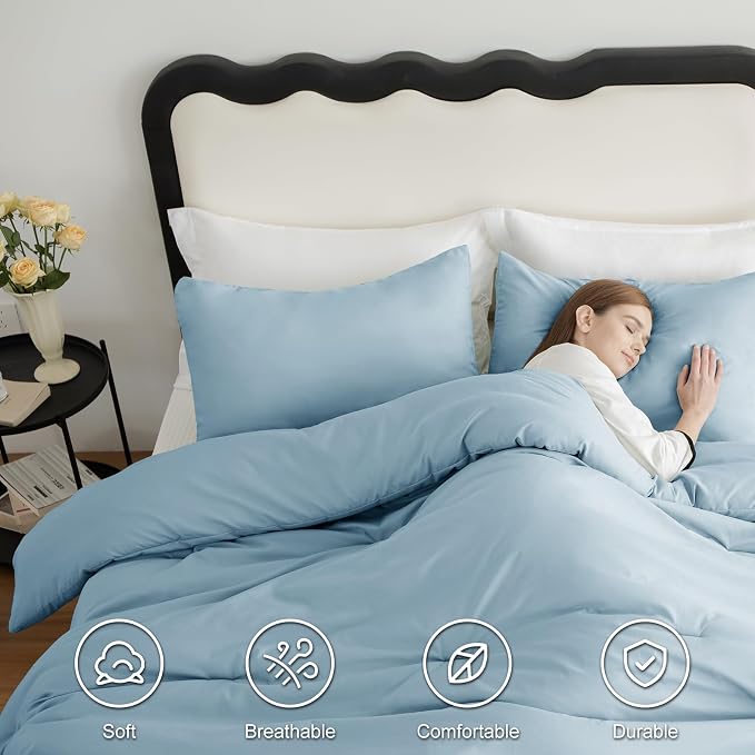 CozyLux King Size Comforter Set Light Blue, 3 Pieces Solid Comforters King Size - Image 5