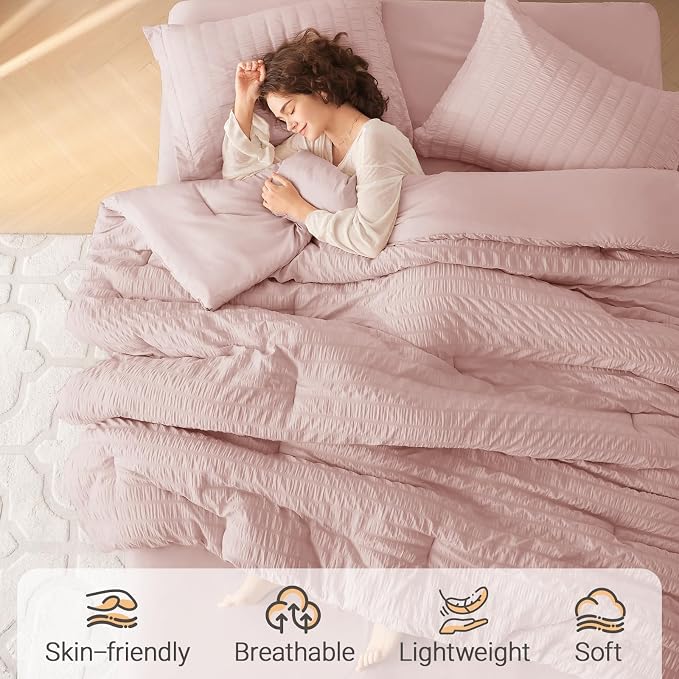 MUXHOMO 5 Pieces Twin Comforter Set, Seersucker Bed in a Bag Twin Size - Image 2