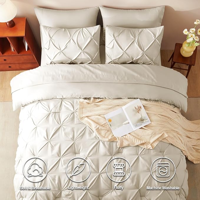 HIMEET Pintuck Bed in a Bag, 7 Pieces California King Comforter Set Beige - Image 2