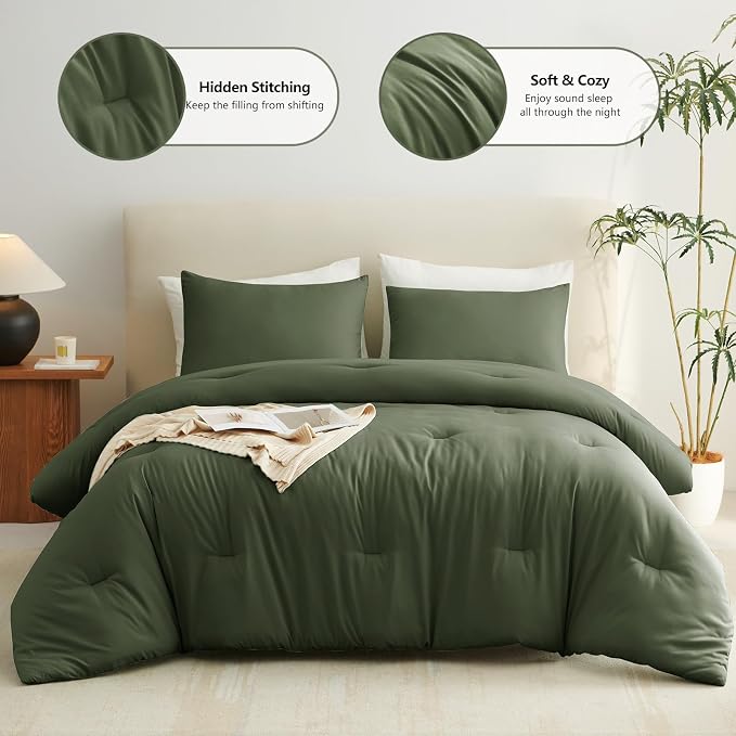 CozyLux King Size Comforter Set Olive Green, 3 Pieces Solid Comforters King - Image 2