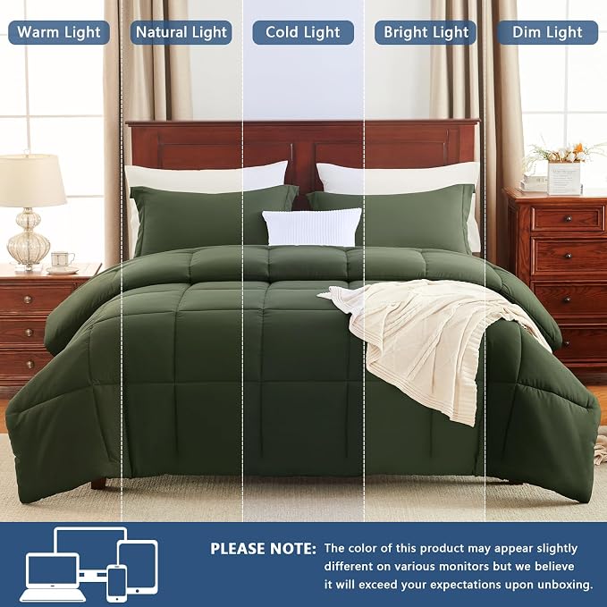 CozyLux Oversized Queen Comforter Set, 3 Pieces Olive Green 98x98 Box Stitched - Image 5