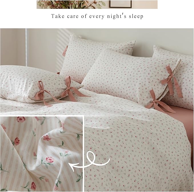 mixinni White Flower Pattern Duvet Cover Queen Cottage Pink Floral Stripes - Image 7