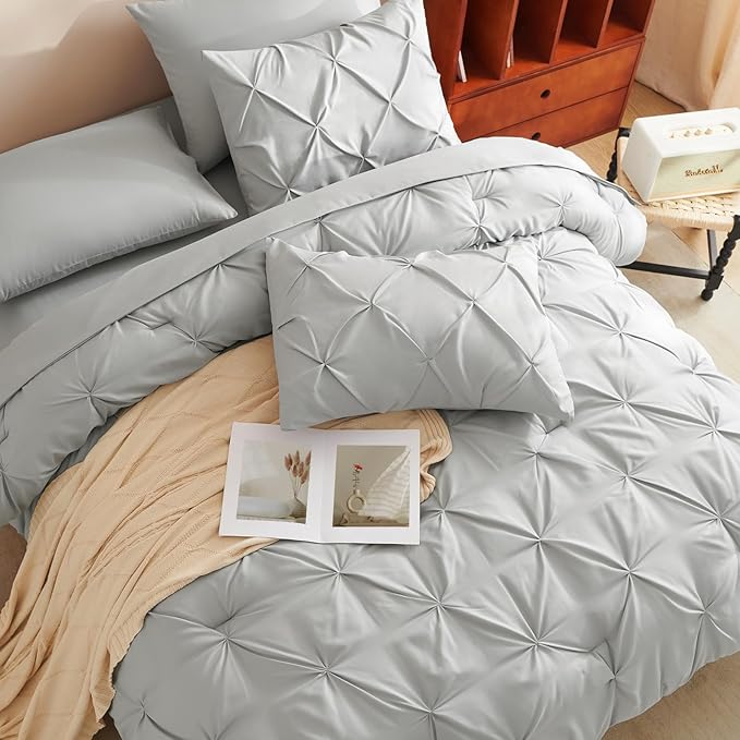 CozyLux King Size Comforter Set Light Grey, 7 Pieces Pintuck Bed in A Bag Gray - Image 4