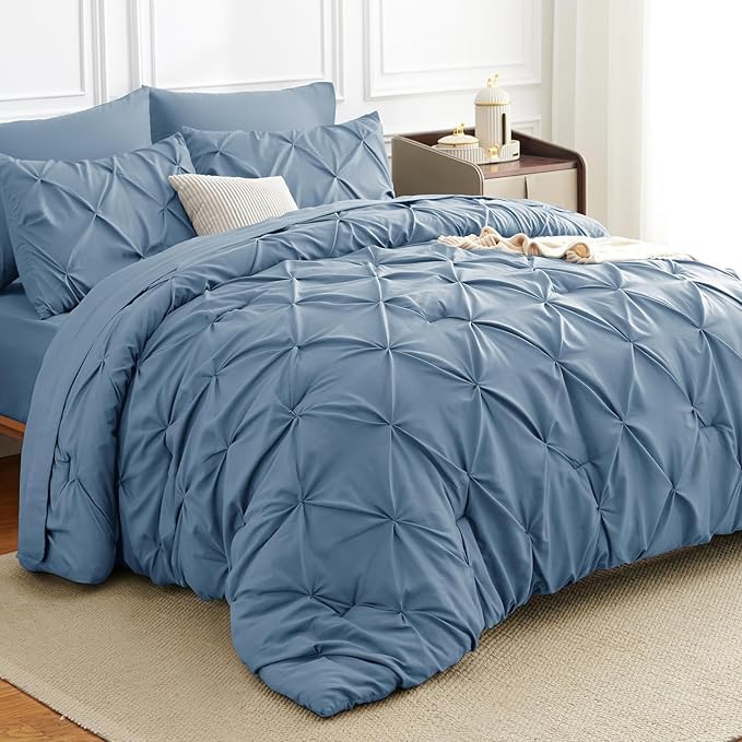 HIMEET Pintuck Bed in a Bag, 7 Pieces Oversized Queen Comforter Set Grayish Blue by Unknown
