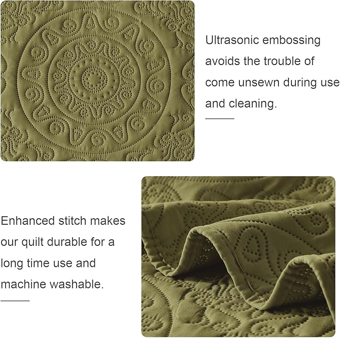 WURUIBO Olive Green Quilt Set Twin Size, Embossing Microfiber Bedspreads - Image 5