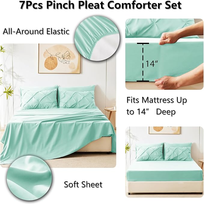 CozyLux Queen Comforter Set Mint Green, 7 Pieces Pintuck Bed in A Bag, Premium - Image 6