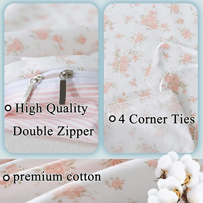 FADFAY Full Duvet Cover Set Pink Floral Comforter Cover 100% Cotton Girls Pink - Image 3