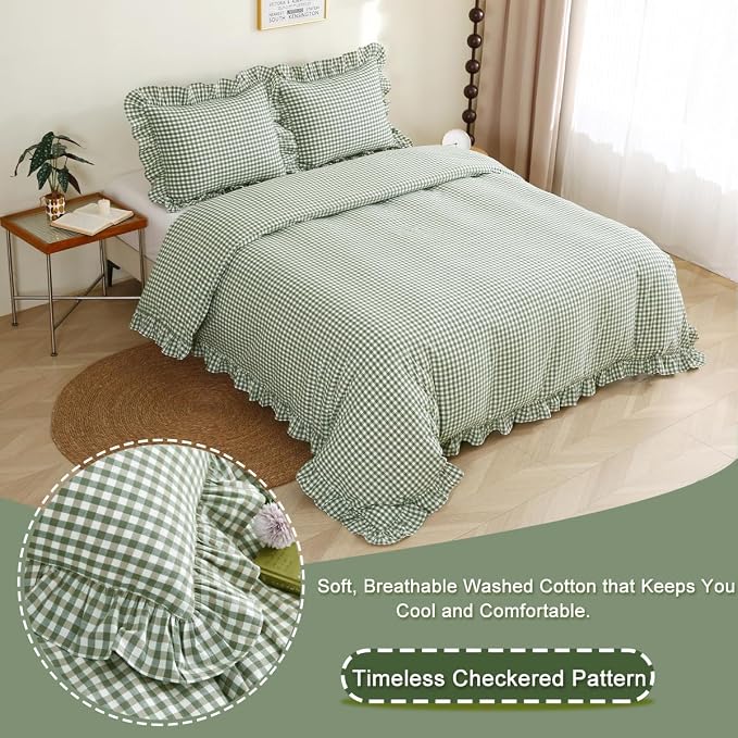 Silnuo Sage Green/White Plaid Ruffle Duvet Cover Twin Size, 100% Washed Cotton - Image 3