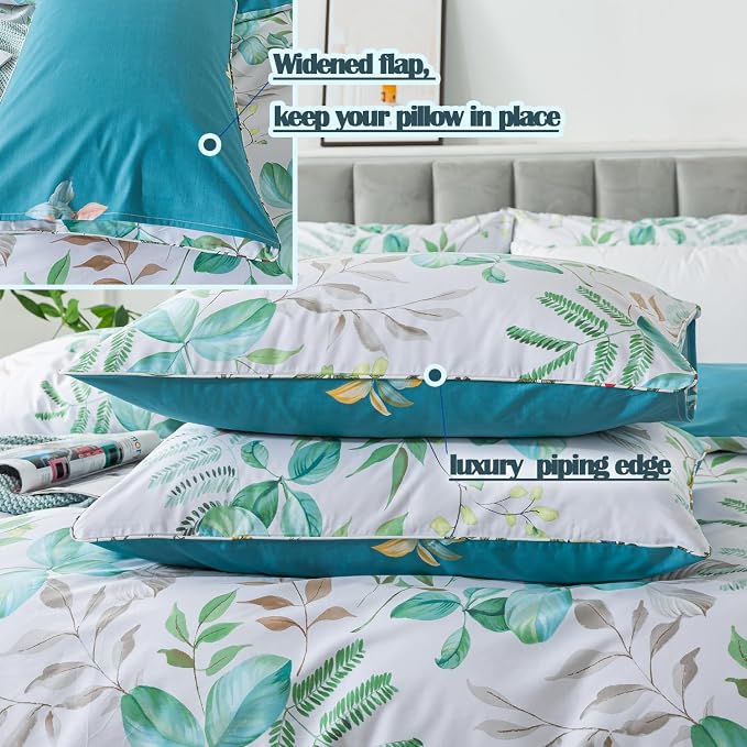 FADFAY Botanical Duvet Cover Sets King/Cal King Size 100% Cotton Teal Green - Image 5