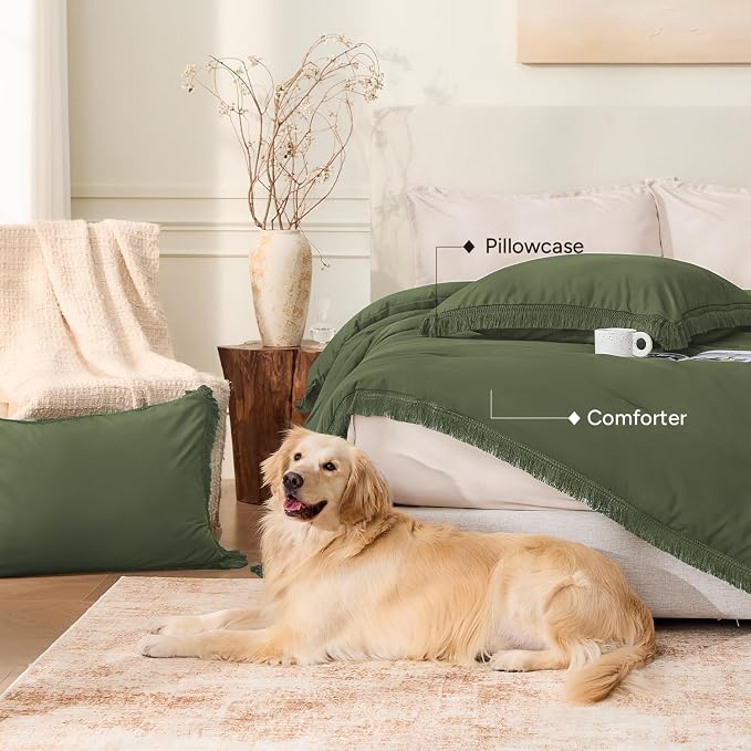 Andency Olive Green Comforter Set King, 3 Pieces Boho Tassel Lightweight - Image 5