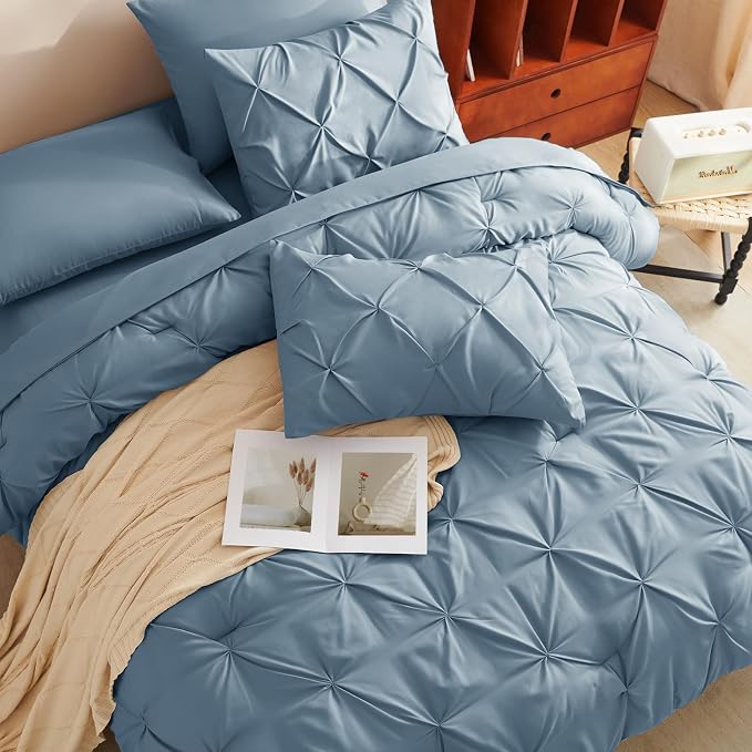 CozyLux Full Size Comforter Sets Mineral Blue, 7 Pieces Pintuck Bed in A Bag - Image 4