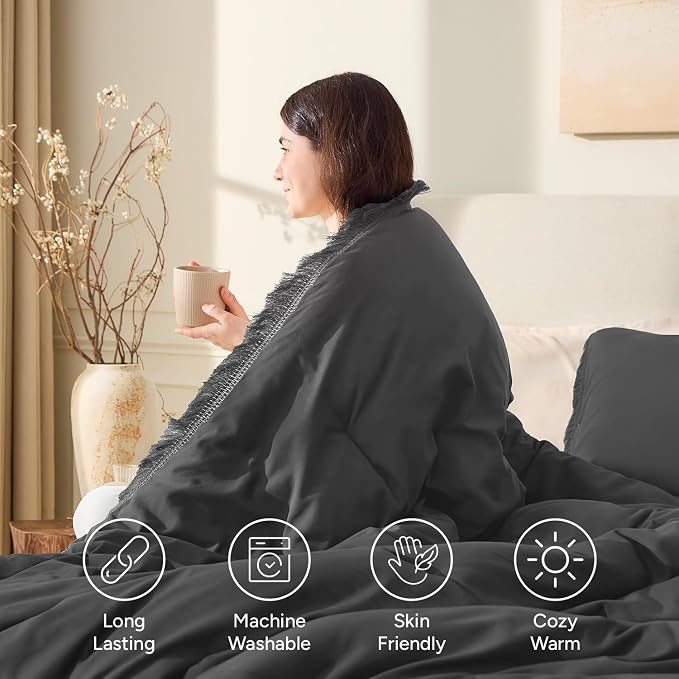 Andency Comforter King Size Bed Set Dark Grey, 3 Pieces Boho Lightweight Winter - Image 4