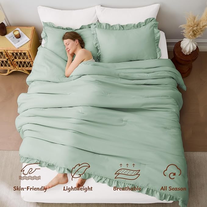 FUANNA King Size Comforter Set Sage Green, 3 Pieces Ruffle King Bedding Set - Image 2