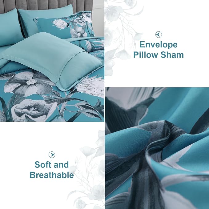 Luxudecor Floral Comforter Set Queen Size 7 Piece, Teal Blue Flower Bed in a Bag - Image 5