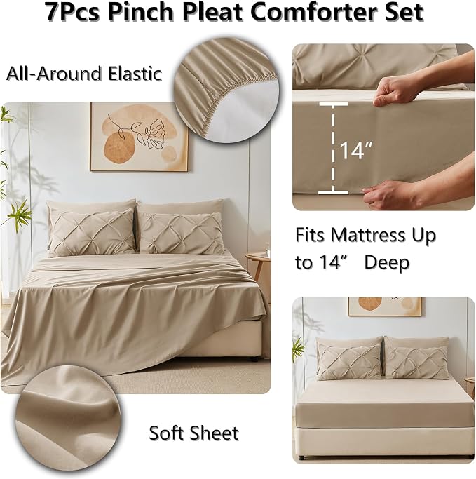 CozyLux Full Size Comforter Sets Taupe, 7 Pieces Pintuck Bed in A Bag Taupe - Image 5