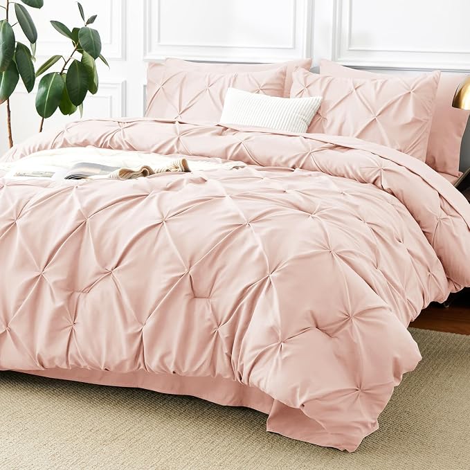 CozyLux Full Size Comforter Sets Peach Pink, 7 Pieces Pintuck Bed in A Bag Pink - Image 9