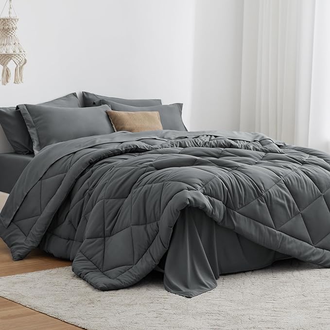 Love's cabin Queen Comforter Set Dark Grey, 7 Pieces Queen Bed in a Bag by Lovescabin