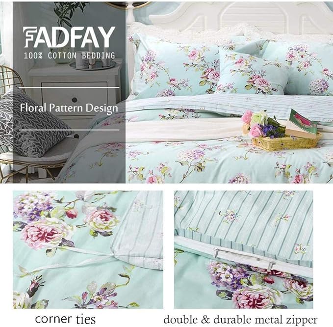 FADFAY Floral Duvet Cover Queen 100% Cotton Blue Green Farmhouse Bedding Super - Image 3