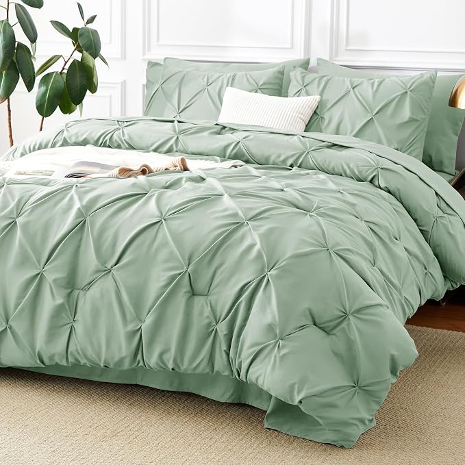 CozyLux Full Size Comforter Sets Sage Green, 7 Pieces Pintuck Bed in A Bag by CozyLux