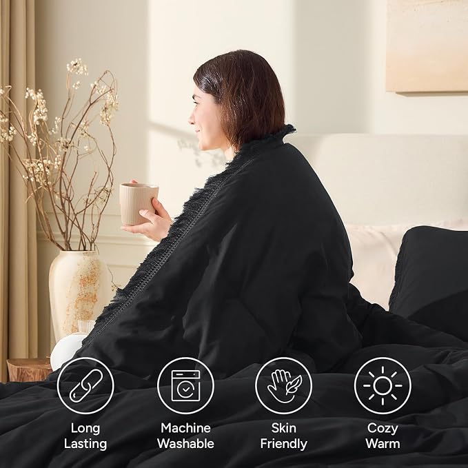 Andency Black Comforter Set King Size, 3 Pieces Boho Tassel Lightweight Bedding - Image 4