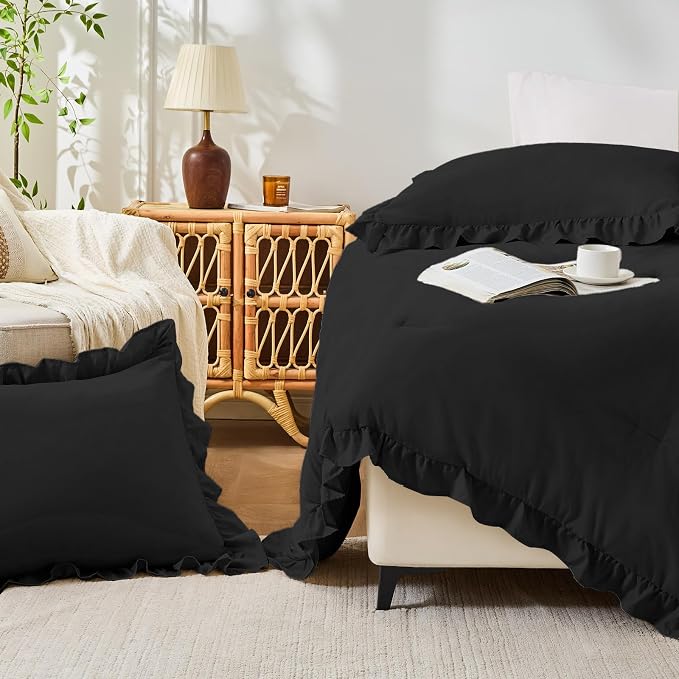FUANNA Queen Comforter Set Black, 3 Pieces Ruffle Queen Bed Set, Fluffy Bed in - Image 7