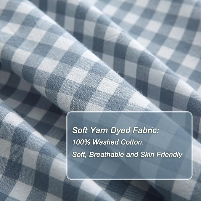 Silnuo Light Blue/White Plaid Ruffle Duvet Cover Queen Size, 100% Washed Cotton - Image 5