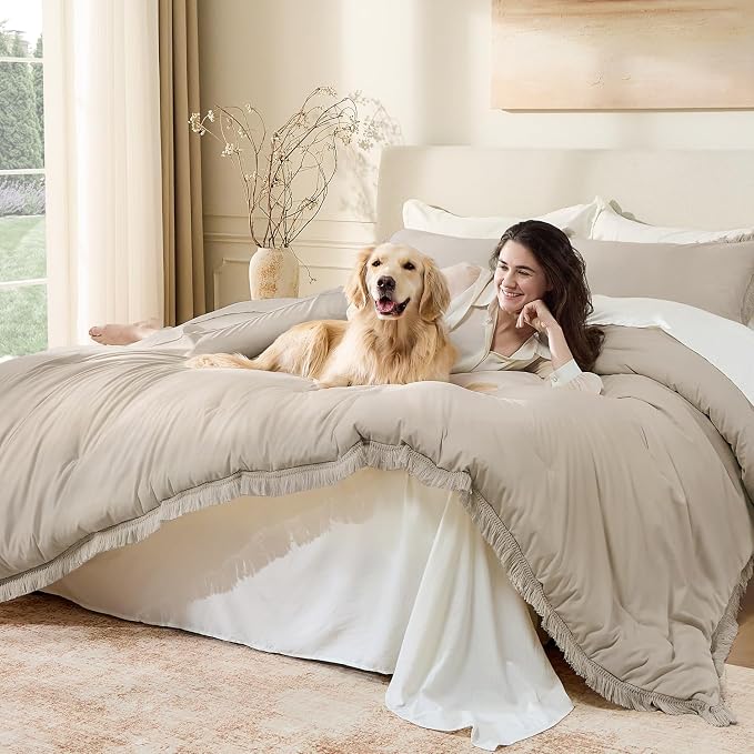 Andency Oatmeal Comforter Set Queen, 3 Pieces Boho Tassel Lightweight Bedding - Image 3
