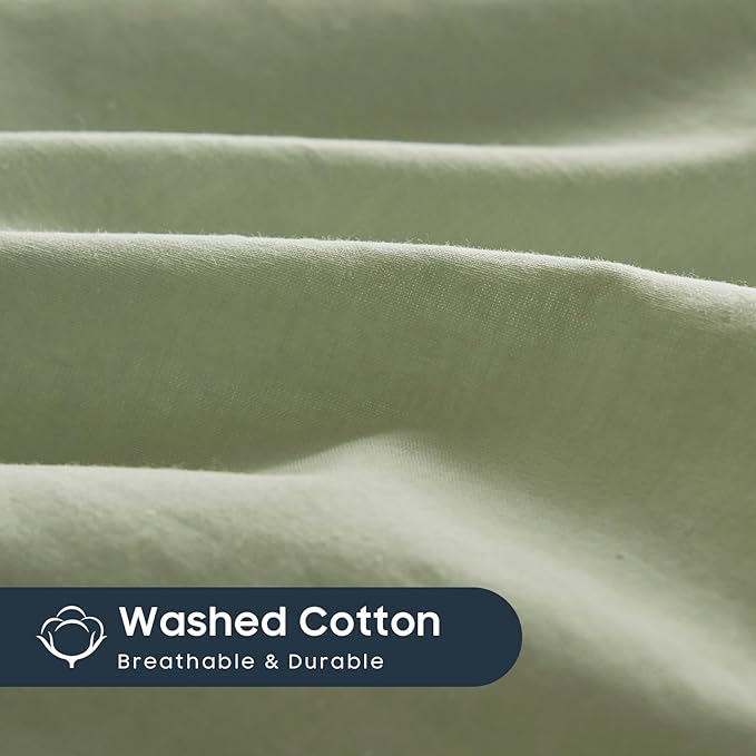 Wake In Cloud - Cotton Duvet Cover Set, Twin Size, Sage Green, 100% Washed - Image 6