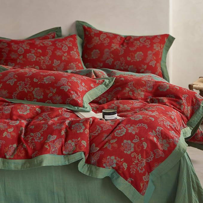 mixinni Exquisite Vintage Red Floral Duvet Cover Queen Size Yarn-Dyed Jacquard by mixinni
