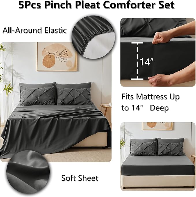 CozyLux Twin XL Comforter Set Dark Grey, 5 Pieces Twin Extra Long Pintuck Bed - Image 6