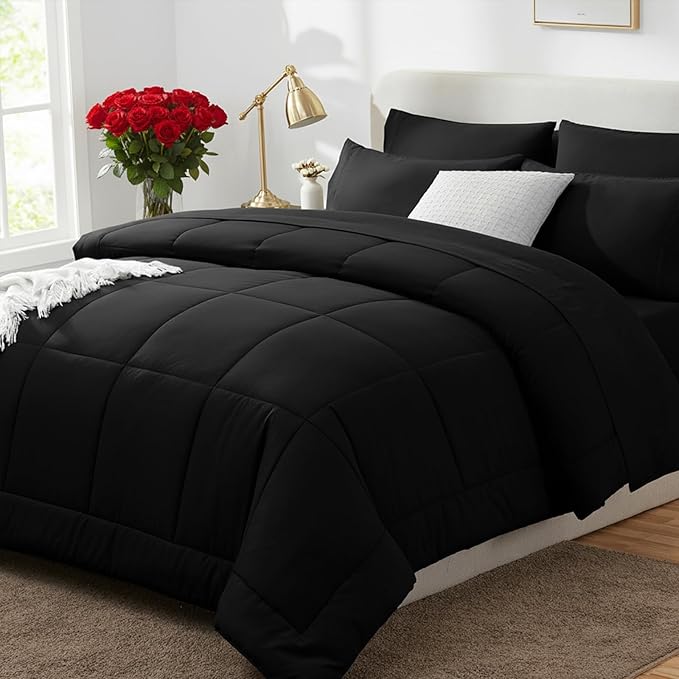 CozyLux Queen Comforter Set Black, 7 Pieces Bed in a Bag, All Season Bedding by CozyLux