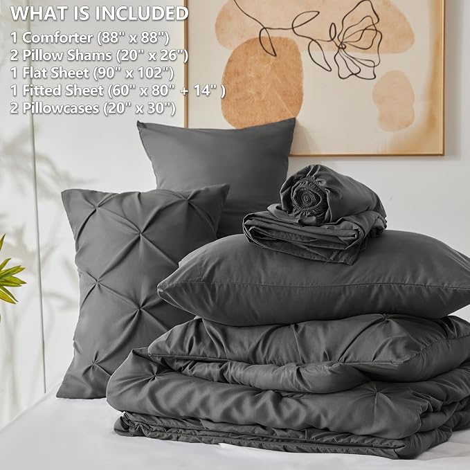 CozyLux Queen Comforter Set Dark Grey, 7 Pieces Pintuck Bed in A Bag, Premium - Image 7