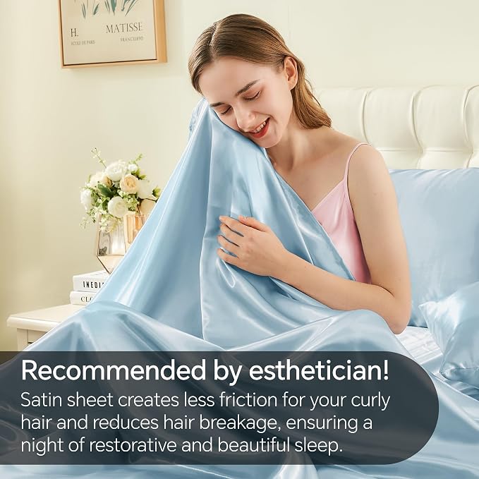 BEDELITE Satin Sheets Twin XL Size Bed Set, Luxury Soft Light Blue Silky Sheets - Image 4