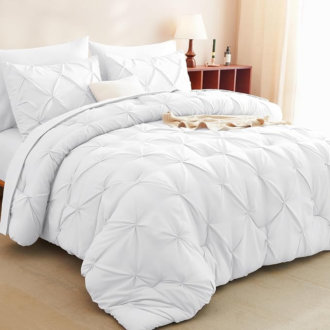 HIMEET Pintuck Bed in a Bag, 7 Pieces Oversized Queen Comforter Set White - Image 5