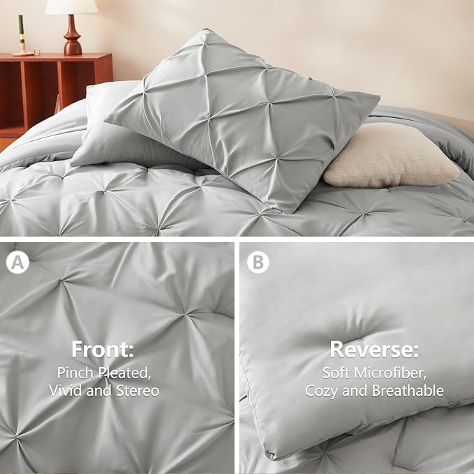 CozyLux King Size Comforter Set Light Grey, 7 Pieces Pintuck Bed in A Bag Gray - Image 3