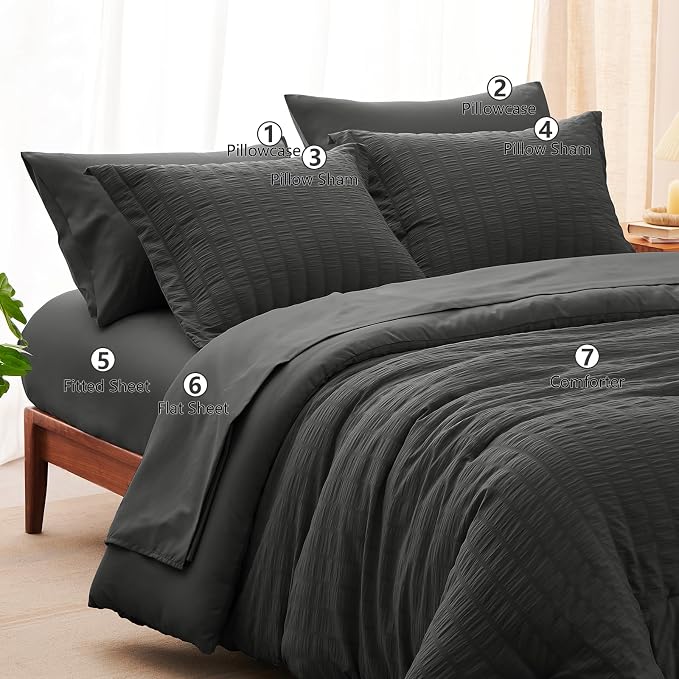 CozyLux Oversized Queen Comforter Set Dark Grey Seersucker 7 Pieces 98x98 Bed - Image 7