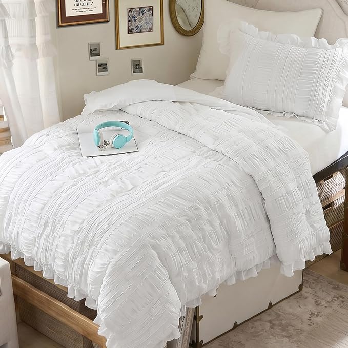 WONGS BEDDING White Comforter Set Twin, 3 Pieces Ruffle Shabby Chic Comforter - Image 3
