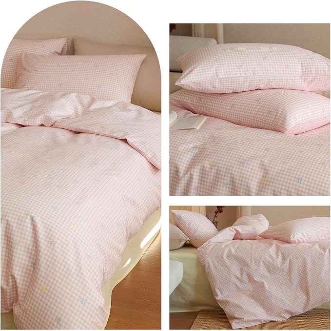 mixinni Gingham Duvet Cover King Size, 100% Cotton Light Pink and White Gingham - Image 7