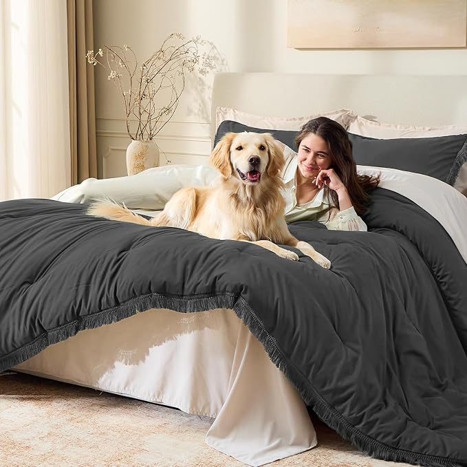 Andency Comforter Oversized King Dark Grey 120x98, 3 Pieces Boho Winter - Image 3