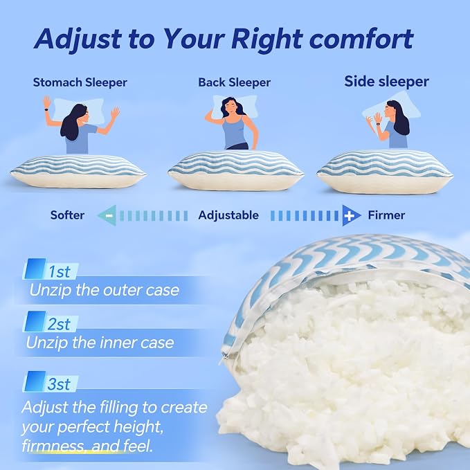 SLEEPDIARY Pillows Standard Size Set of 2 – Adjustable Shredded Memory Foam - Image 5