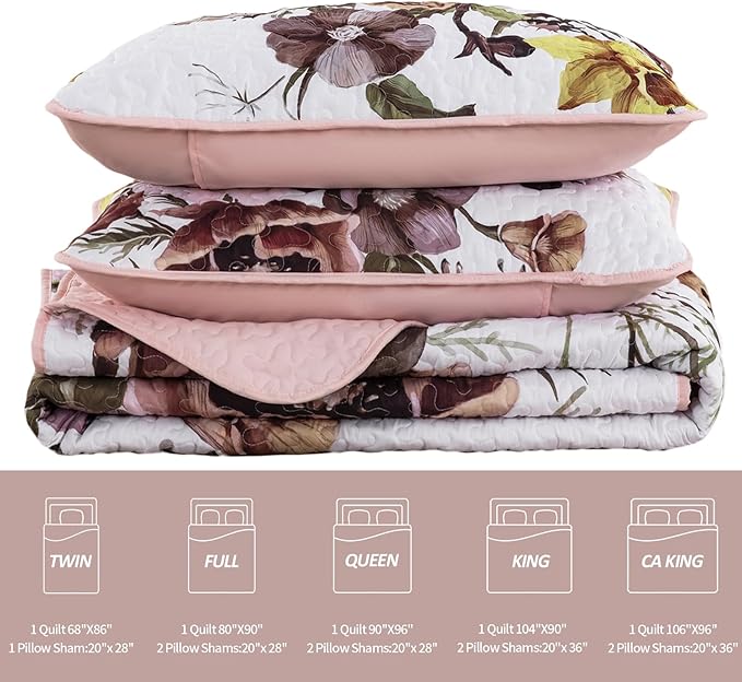 Drucon Floral Quilt Set Queen 3 Pieces Boho Blush Quilt Coverlet Set Soft - Image 7