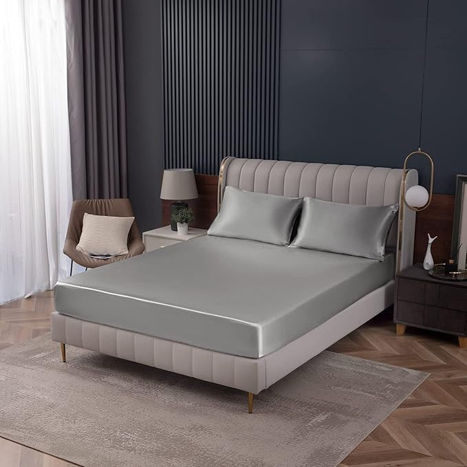 Homiest Light Grey Satin Fitted Sheet Twin XL Size, Deep Pocket, Luxury & Ultra - Image 9