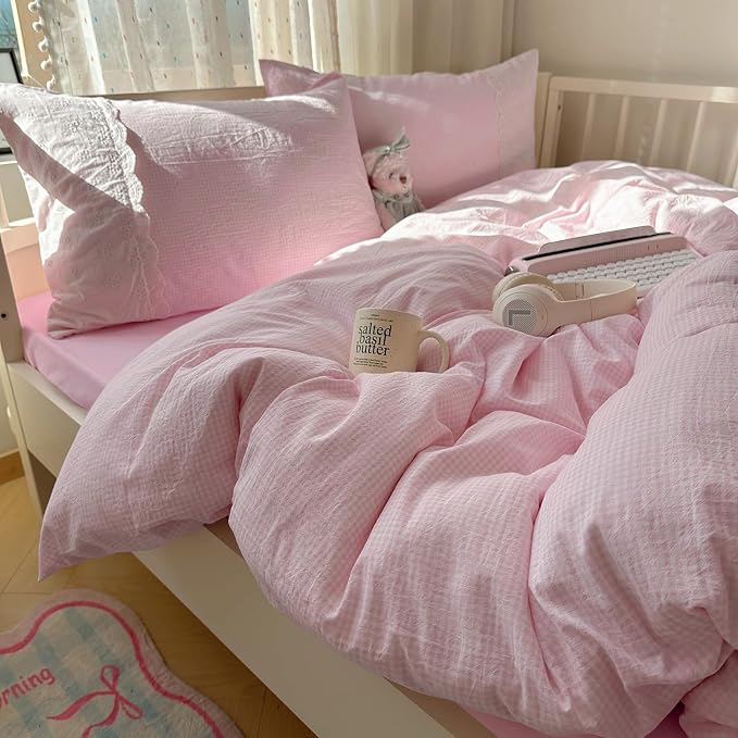 mixinni Pink White Gingham Duvet Cover Twin XL Size by mixinni