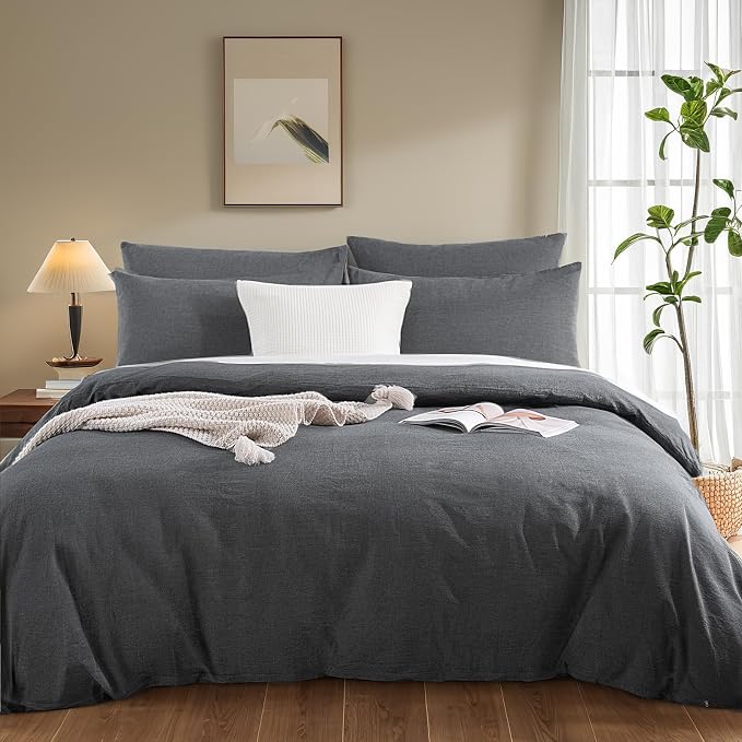 NEXHOME PRO Duvet Cover King 100% Washed Cotton, Heathered Black Breathable - Image 2