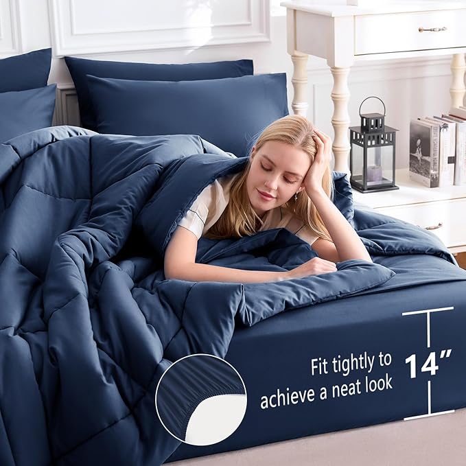 CozyLux California King Comforter Sets Navy Blue, 7 Pieces Cal King Bed in a Bag - Image 5