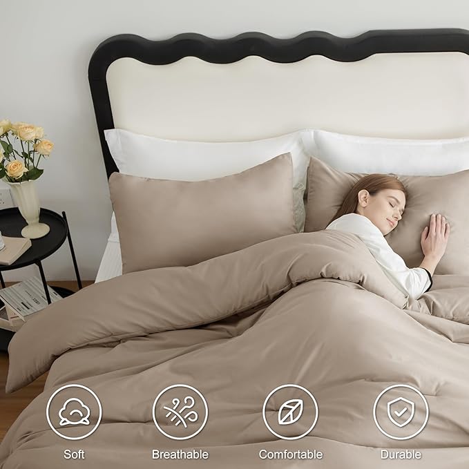 CozyLux King Size Comforter Set Khaki, 3 Pieces Solid Comforters King Size - Image 5