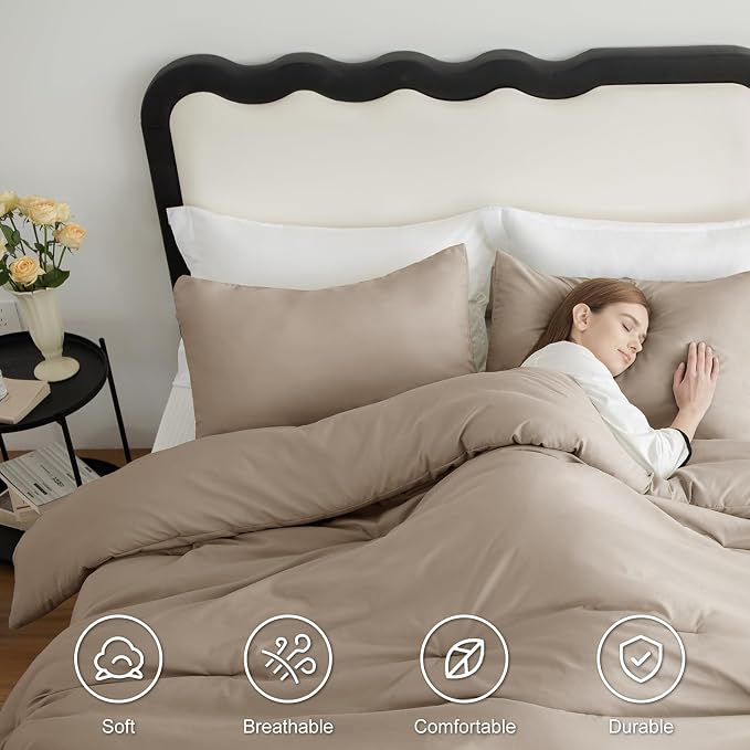 CozyLux Full Size Comforter Set Khaki, 3 Pieces Solid Breathable Quilted - Image 5