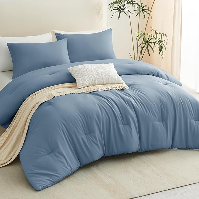 CozyLux Oversized Queen Comforter Set Grayish Blue, 3 Pieces 98x98 Solid - Image 7