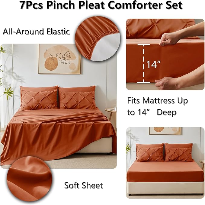 HIMEET Pintuck Bed in a Bag, 7 Pieces King Size Comforter Set Burnt Orange - Image 6