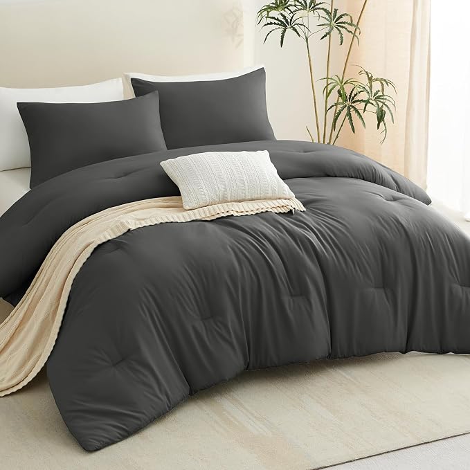 CozyLux King Size Comforter Set Dark Grey, 3 Pieces Solid Comforters King Size - Image 8